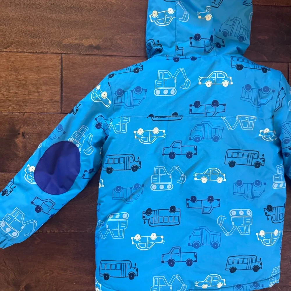 Cat & Jack Boys Blue Construction Vehicle Hooded Winter Jacket 5T Puffer Coat